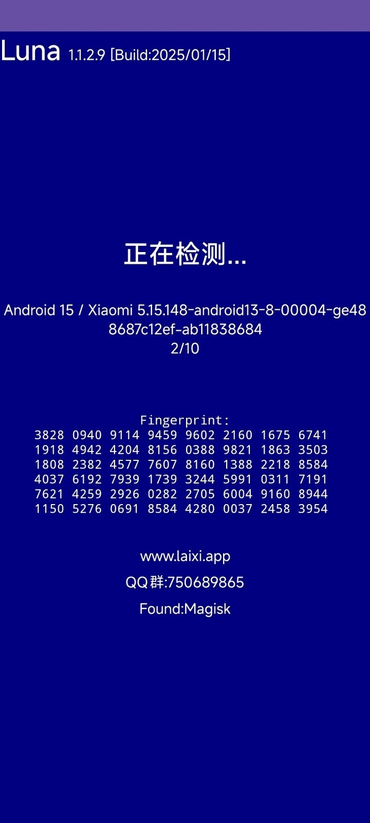 检测进行中的整屏界面,包含正在检测字样、系统与机型信息、进度数字与指纹码块